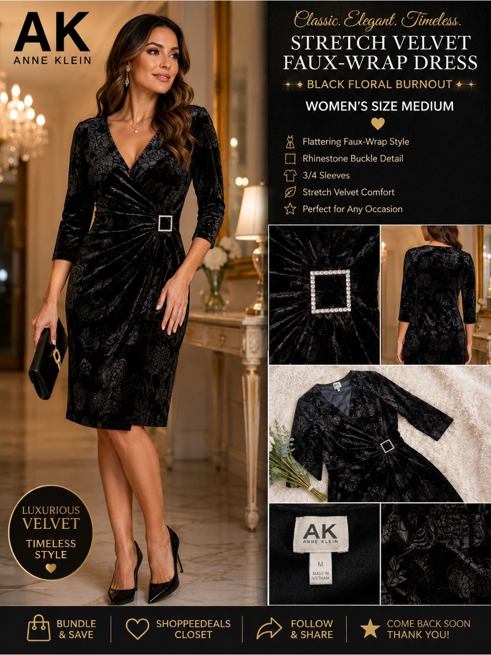 Anne Klein AK Classic Stretch Velvet Faux-Wrap Dress – Black Floral Burnout
